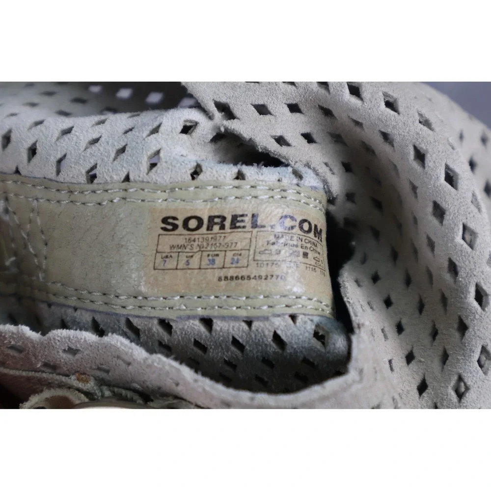 Sorel Boots Womens Size 7 Beige Suede Perforated Mid-Calf Slip On Buckle Logo